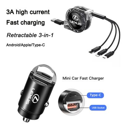 Car Quick Charger Type-C USB Port 3-In-1 Charging Line For Lexus FSPORT LBX NX RX 350h 450h ES UX 300e GS GX IS LS LX CT LC RC