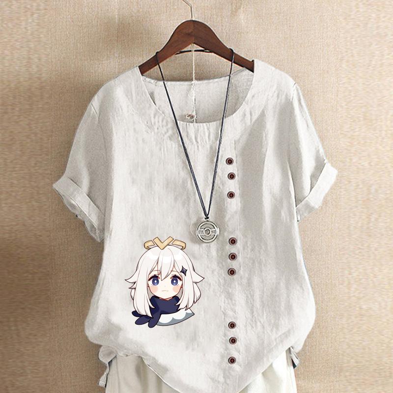 Damska Koszulka T-shirt z Okrągłym Dekoltem i Krótkim Rękawem Casual Bawełniana Lniana Koszula z Nadrukiem Luźna Białe Włosy Dziewczyna Nadruk Letnia Bluzka Top