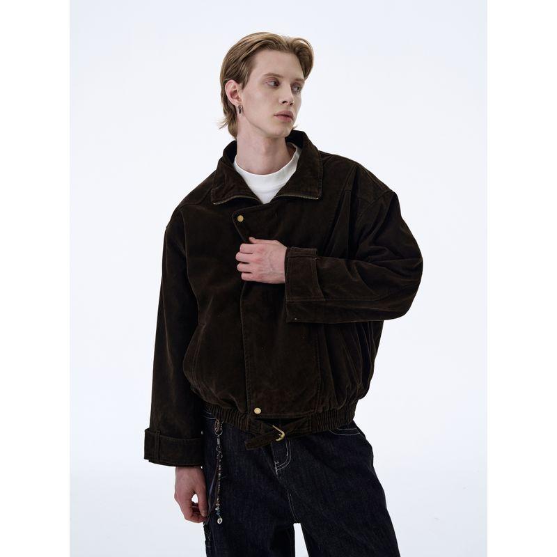 Kisko Design-Inspired Vintage Suede Diagonal Placket Stand Collar Unisex Autumn and Winter Trendy Brand Cool Silhouette Vintage Jacket