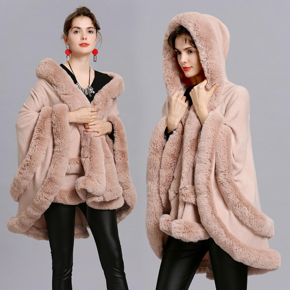 Women's Coat Autumn and Winter New Large Size Imitation Fur Collar Shawl Fur Hooded Knitted Cardigan Shawl Cape Jacket