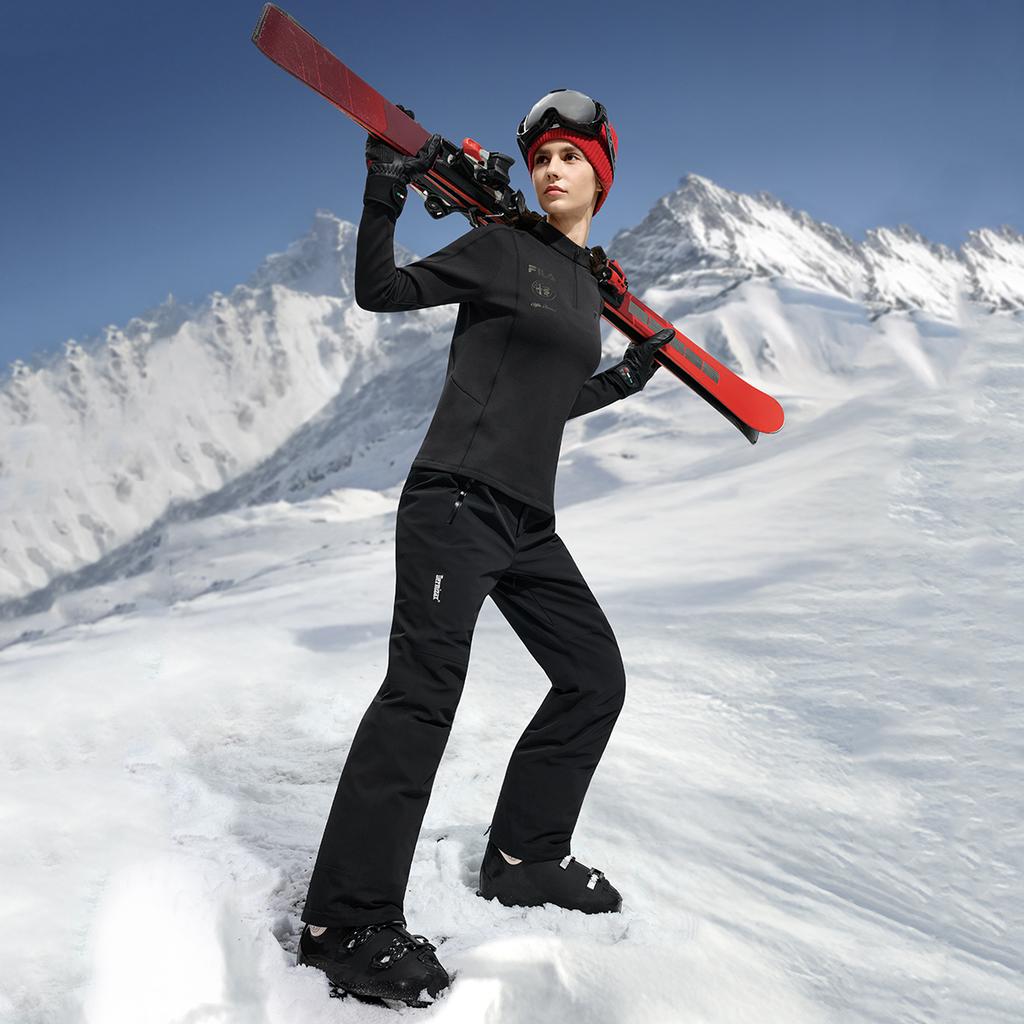 Fila Fleece Lined Warm Fashion Slim Fit Simple Casual Sports Knit Long Sleeve T-Shirt Women Tops Deep-Black A11W546204FBK