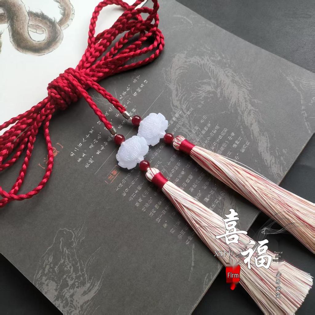 Ming Dynasty Daoist Robe Waist Rope with Jade Pendant Tassel - Unisex Hanfu Palace Ribbon Accessory