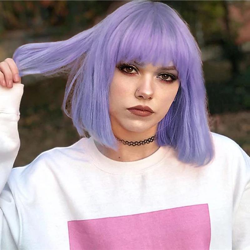 HAIRJOY Purple Bob Wigs Straight with Bangs Short Bob Wigs Synthetic Hair Wig for Women Cosplay Wig Halloween Wig