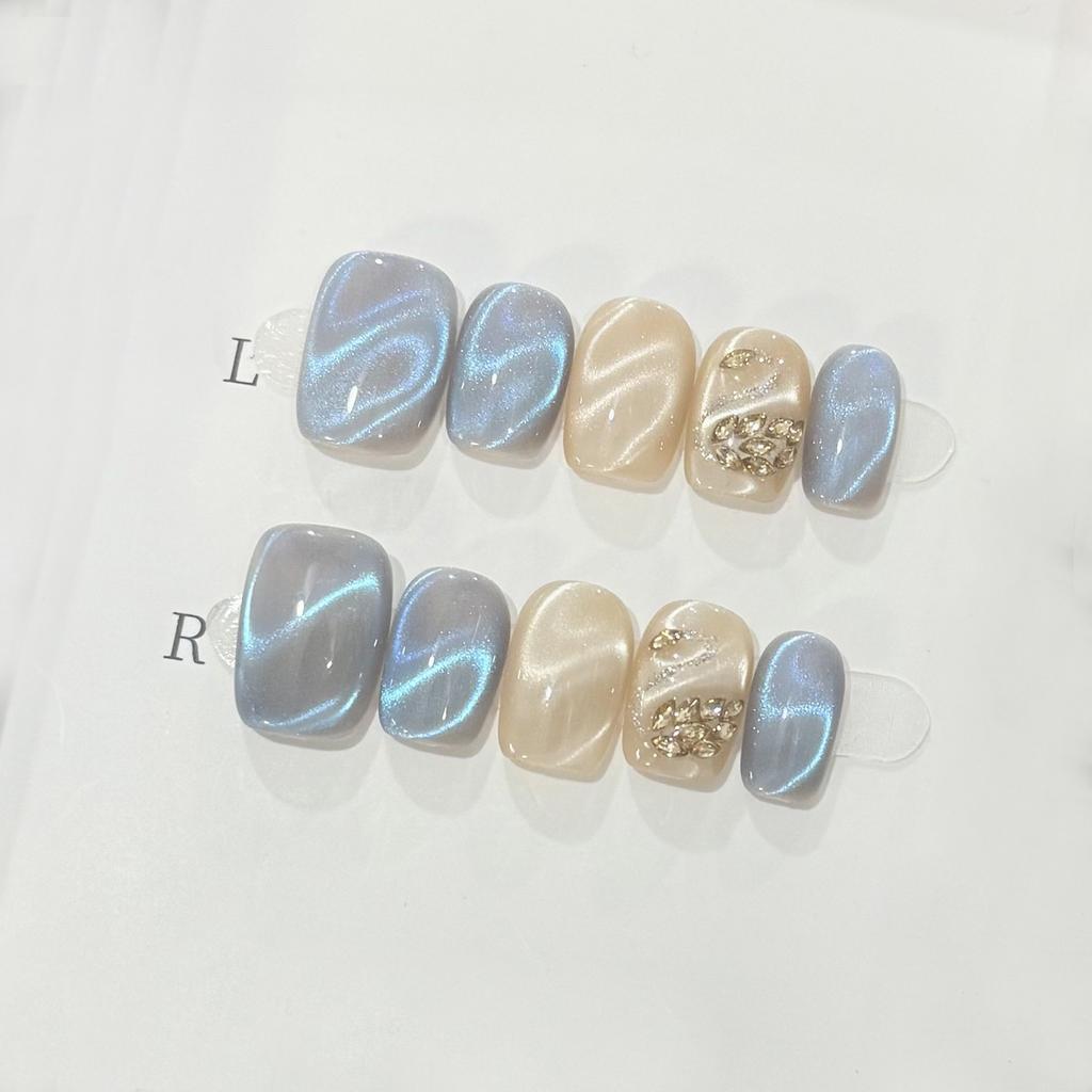 10pcs Handmade Cat Eye Optical Wave Zircon Swan Short Square Full Coverage Soft Press On Nails For Women