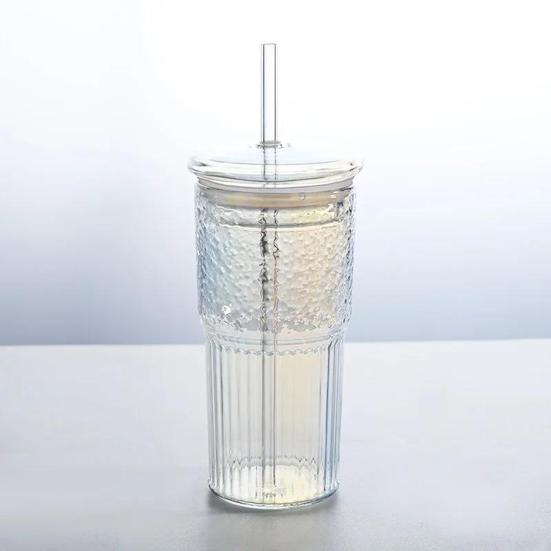 600ML Glass Cup Milk Coffee Cup with Lid And Straw Transparent Stripe Water  Mug Drinking Glasses Juice Tea Cup Drinkware