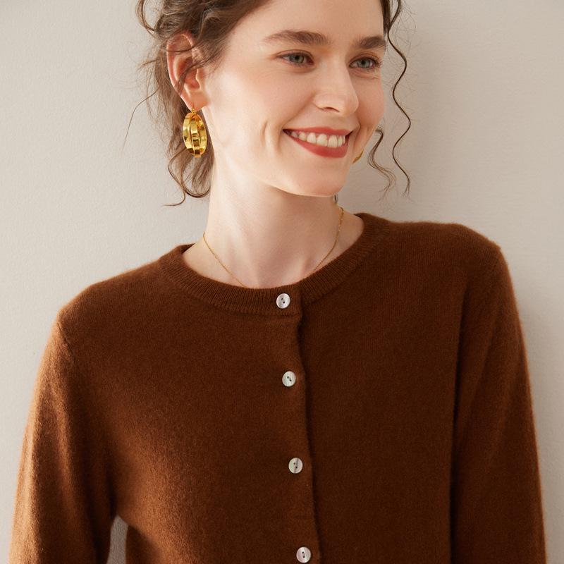 Women's Solid Color Cashmere Cardigan: Twelve-Needle, Round Neck, Loose, Single-Breasted, Slimming, Warm Sweater.