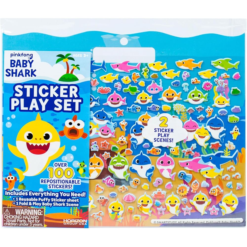 Horizon Group USA Baby Shark Sticker Playset 100+ Reusable Stickers Folding Play Scene Multicolor