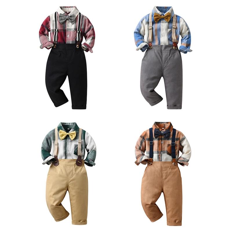 

Детский комплект церемониальной одежды джентльмена для мальчиков, рубашка на пуговицах с длинными рукавами в клетку с лацканами и брюки на подтяжках
