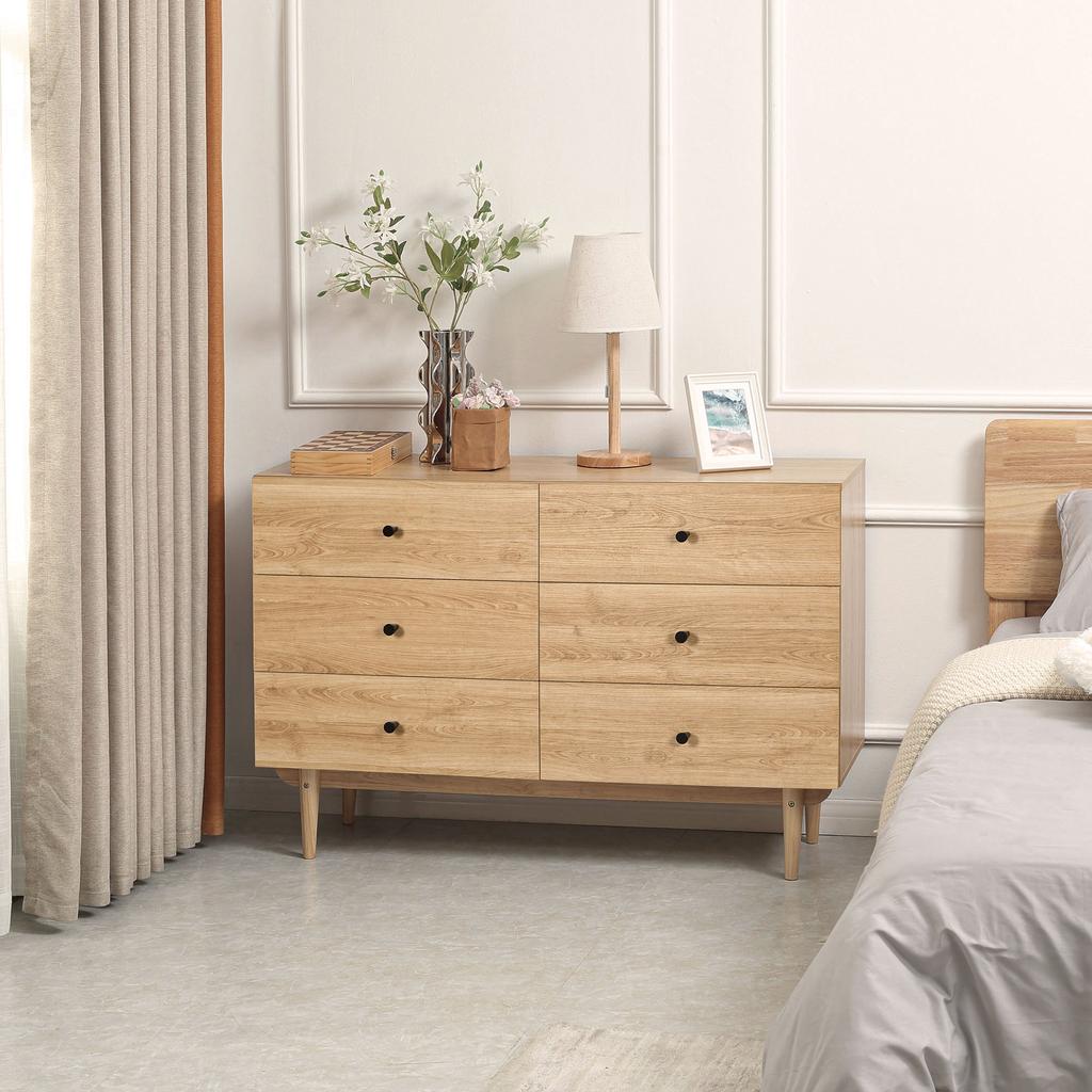 Chest Of 6 Drawers Storage Furniture With Solid Wood Legs 120 X 40 X 80 Cm Light Brown