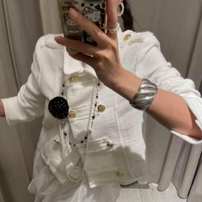Womens Double-Breasted Short Blazer High Neck Slim Fit Long Sleeve Jacket