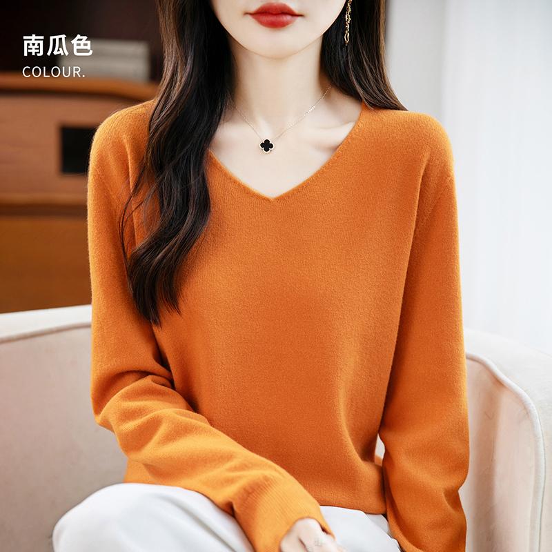 

Женский свитер с V-образным вырезом Qinghe кашемир 30% кашемир 70% шерсть осень и зима модный теплый универсальный XXL мандарин желтый