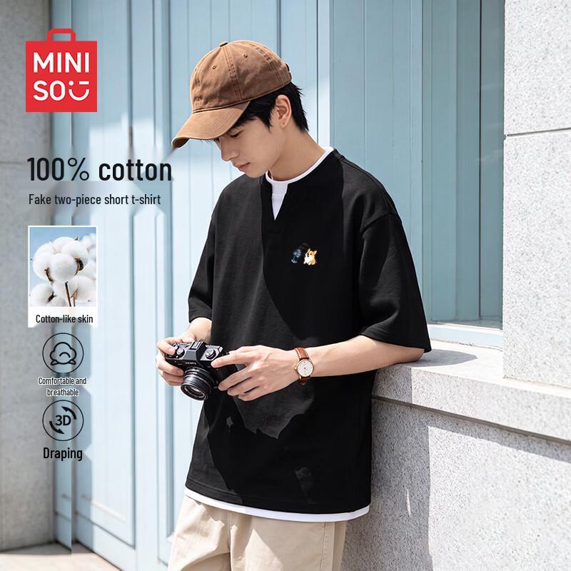 MINISO T-shirt da uomo in cotone a maniche corte con logo Corgi