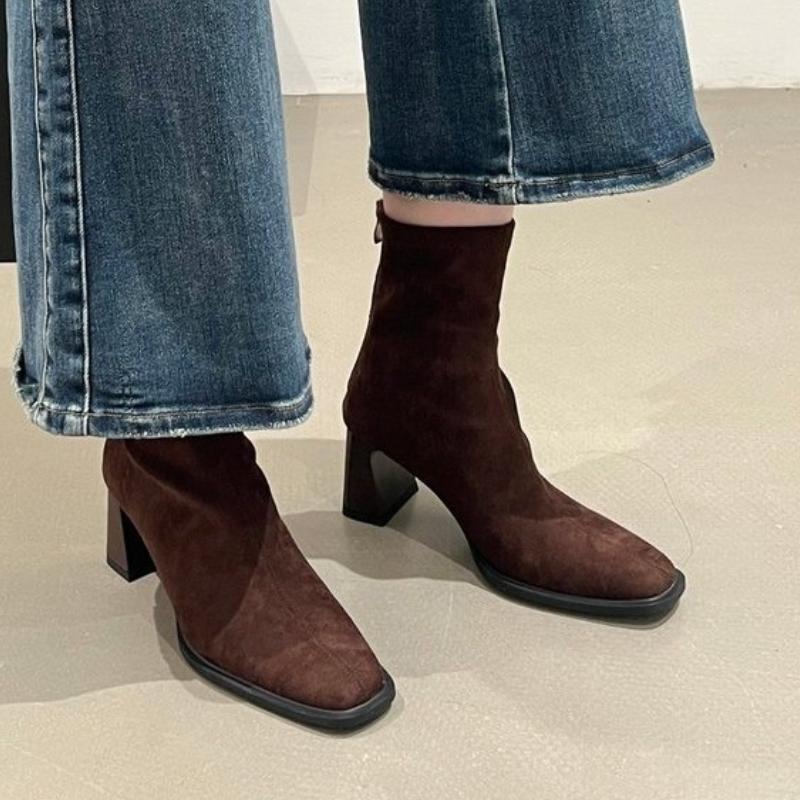 Fashionable New Square Head Sexy Suede Casual Work Boots for Winter Comfortable Zipper Banquet Elegant High Heels Women's Boots