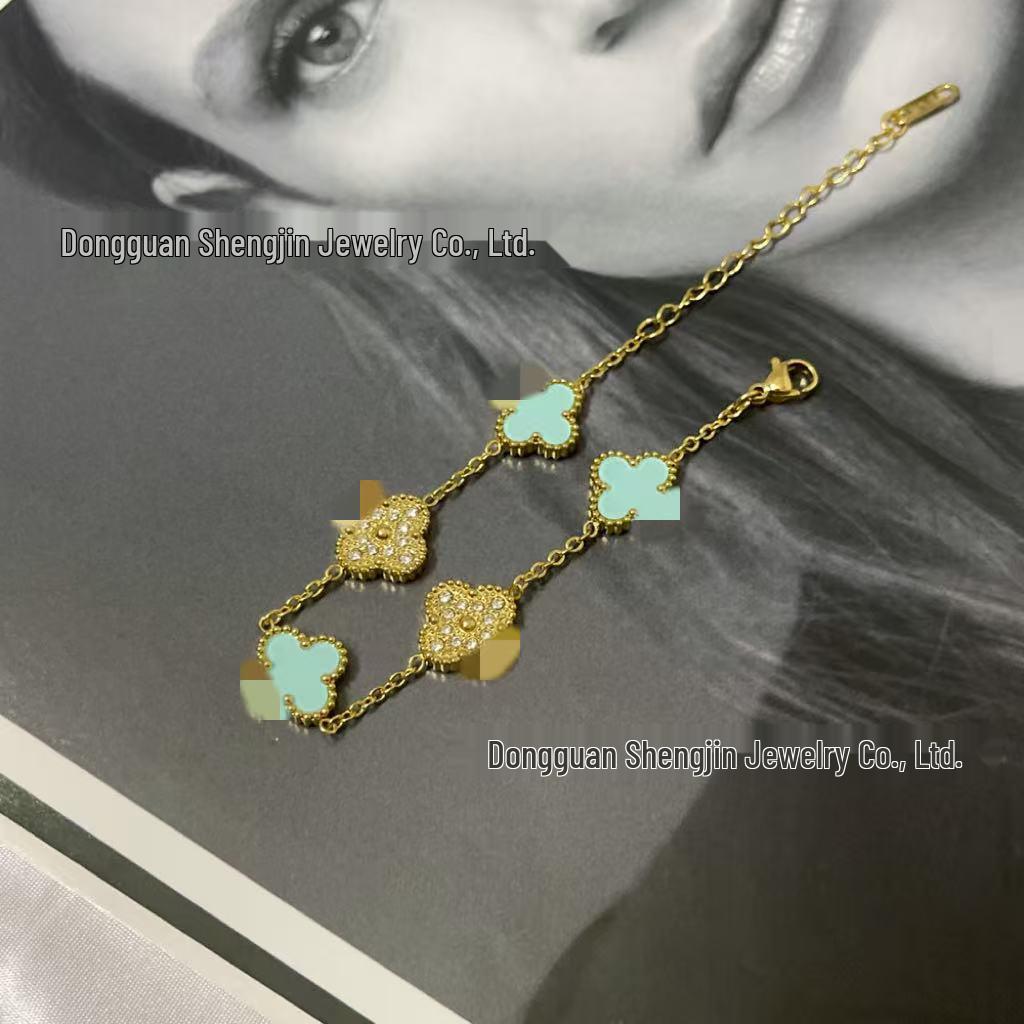 18k Gold 13mm Clover & Diamond Five-Flower Bracelet - Women's Simple, Versatile, Non-Fading Fashion Accessory