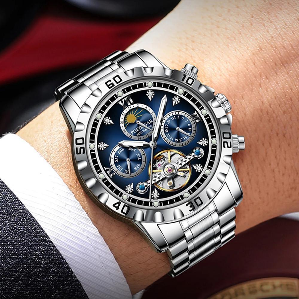 POEDAGAR Fashion Luxury Men Watch Automatic Date Week Man Wristwatch Hollow Tourbillon Mechanical Stainless Steel Men's Watches
