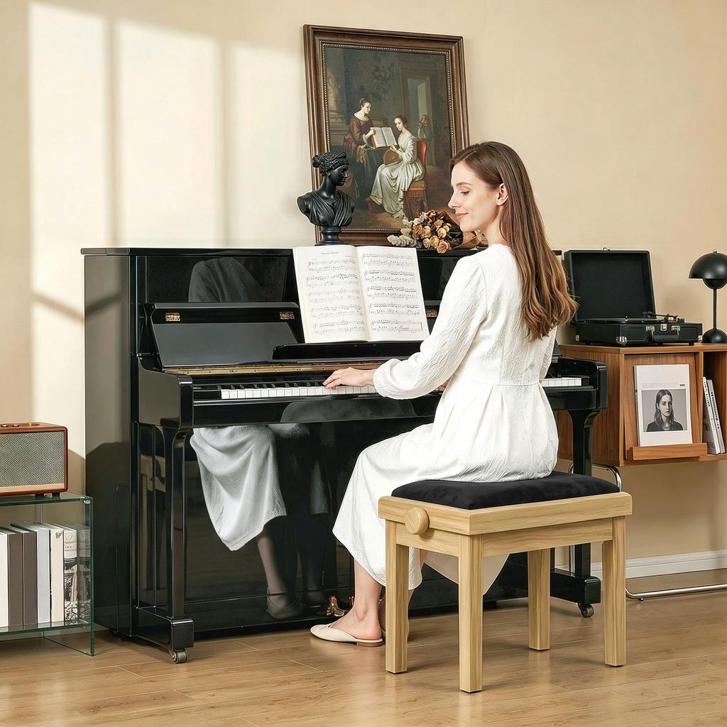 Piano Bench, Height-Adjustable, 45-56 cm, Velvet-Upholstered Seat, Natural Wood