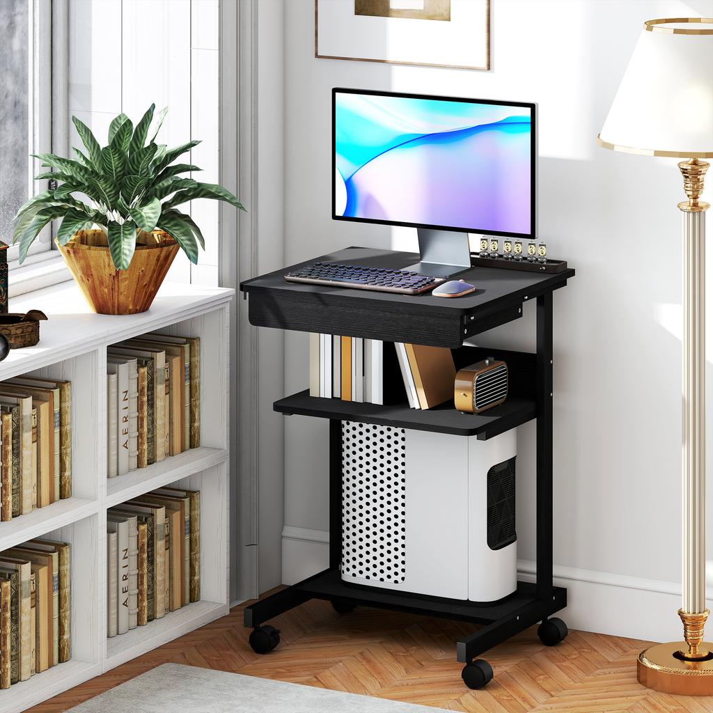 Rolling Desk with Drawer and Shelves, 4 Wheels, Compact, Particleboard, Metal