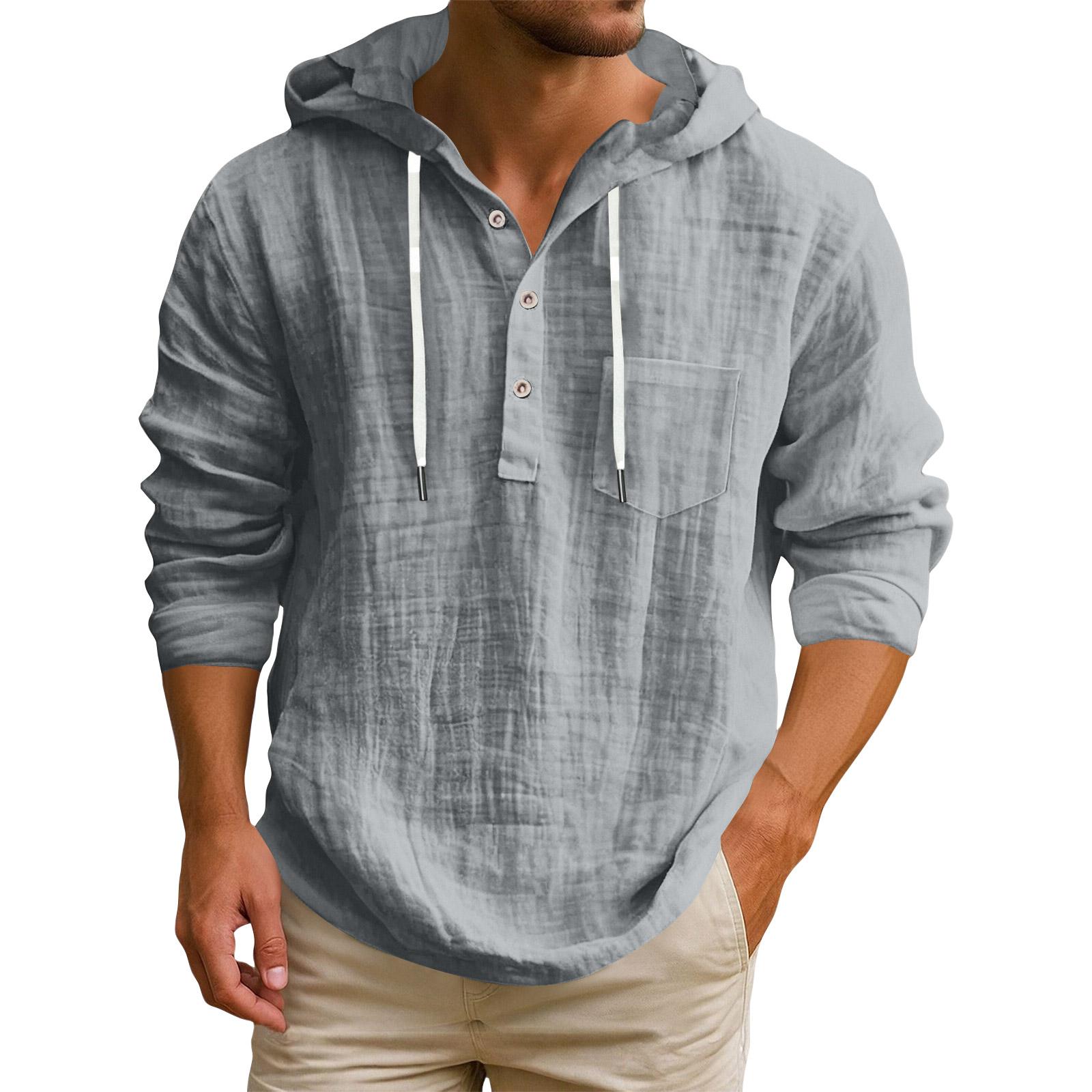 

Мужская футболка с капюшоном однотонная хлопково-льняная мужская повседневная с длинным рукавом L