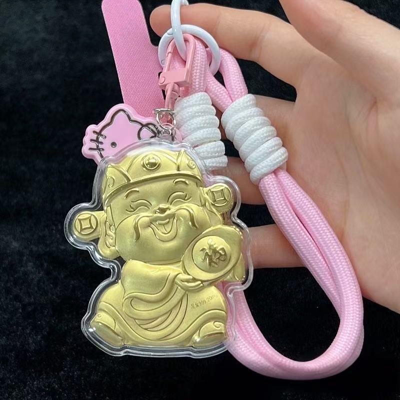 Shuibei 999 Fine Gold Lucky Cat Wealth Ingot Mobile Phone Lanyard & Bag Pendant