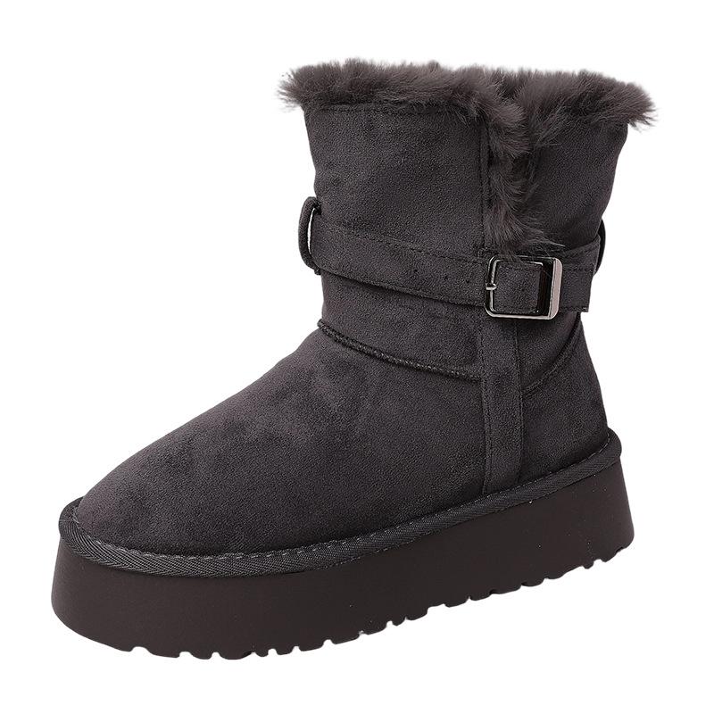 Retro Style Belt Buckle Flat-bottomed Snow Boots Women's Winter Fashion Korean Version Simple Suede Velvet Outer Wear Warm Cotton Shoes