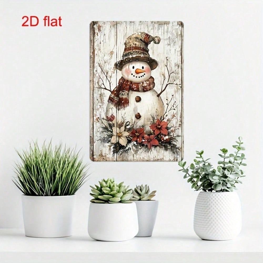 Vintage Snowman Floral Metal Sign 7.9x11.8in, 2D Tin Plaque, Durable Pre-Drilled Wall Decor for Garden/Office