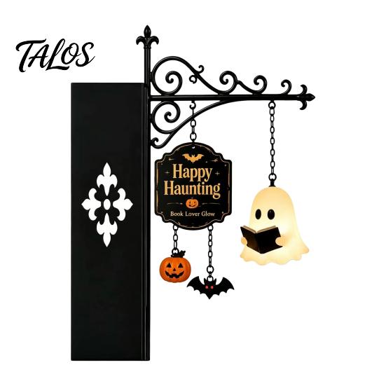 Seasonal Soft Furnishings Ghost LED Bookshelf Lamp with Pumpkin Bat Hanging Charms, Halloween Ambient Light for Bookshelves Bookend Night Light,