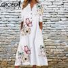 QICED Elegant Women Dresses V Neck Short Sleeve Button Party Dress Female Summer Vintage Print Dress Casual Loose Floral Ladies Dresses
