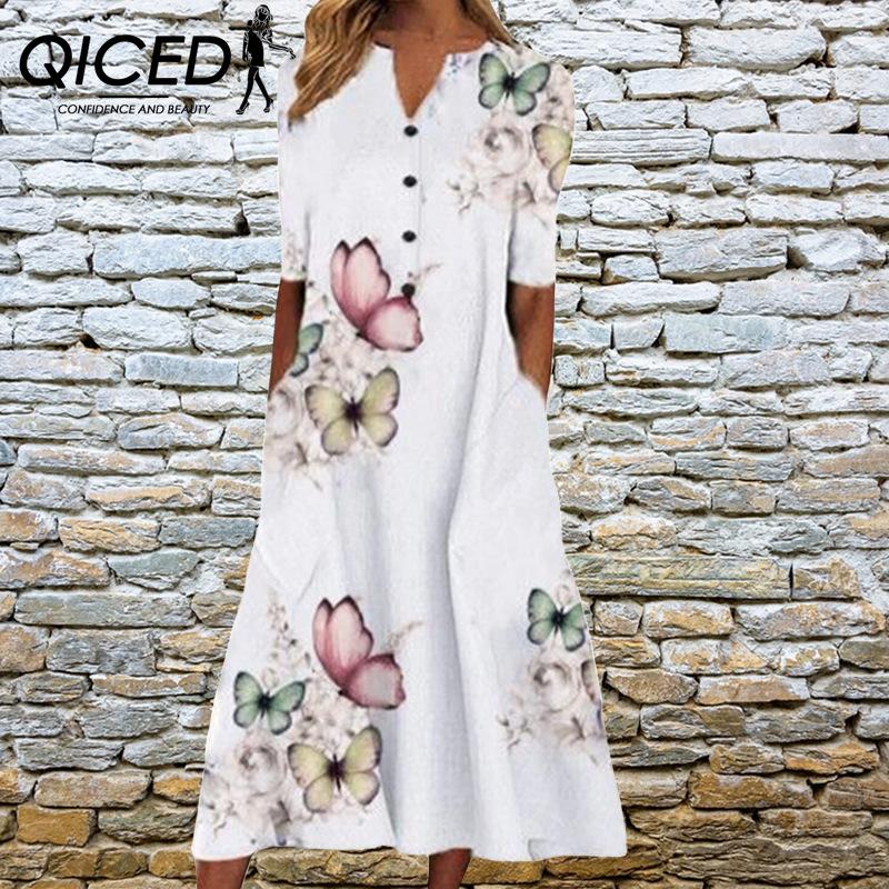 

QICED Элегантные женские платья V-образный вырез короткий рукав пуговицы платье для вечеринки женское летнее винтажное платье с принтом повседневное свободное цветочное женское платье XXXXXL