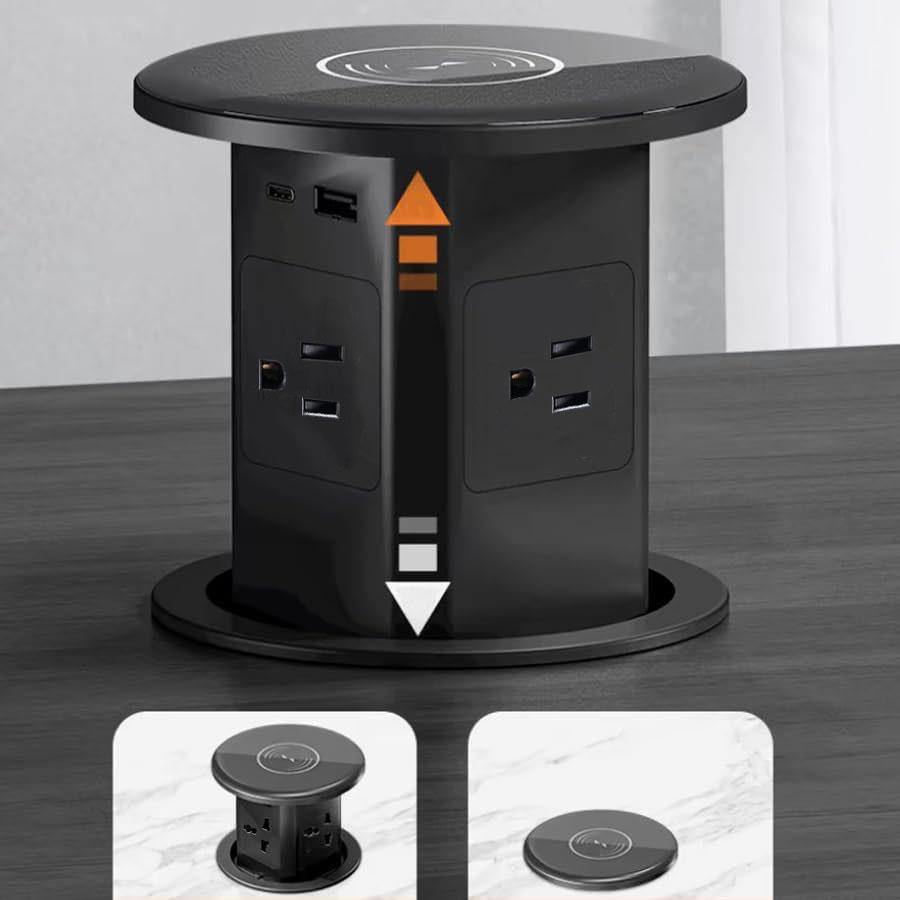 Pop Up Outlet  Automatic Hidden Power Strip with 15W Wireless Charger  4 AC Outlets Plug with 2.1A USB and PD 20W Type C Rapid Charge Stations