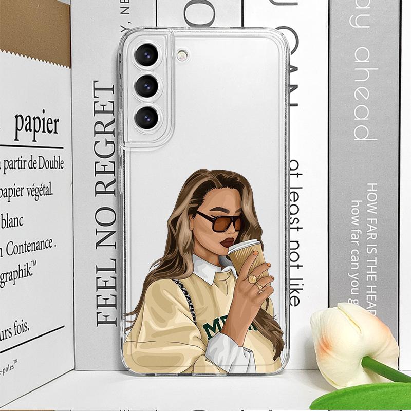 Fashion Girl Women Coffee Miss Transparent Phone Case for Samsung Galaxy S25 S24 S23 S22 S21 S20Plus Ultra FE A55 A54 Soft Cover