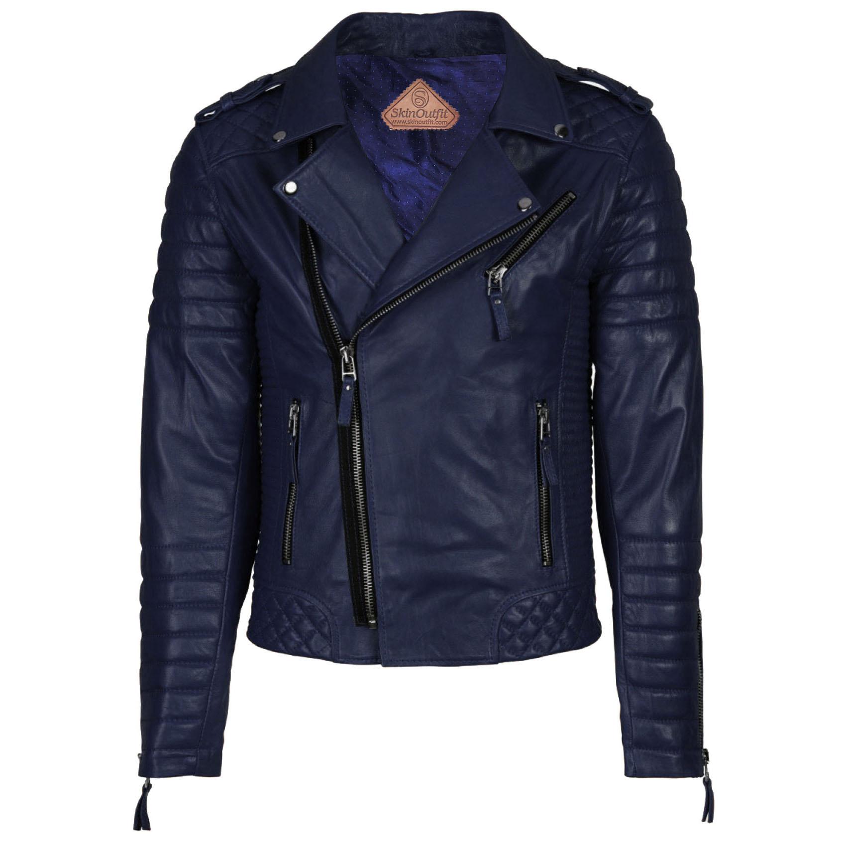 

SKINOUTFIT Men Motorcycle Leather Jacket Genuine Blue Lambskin Café Racer Biker Outerwear L синій