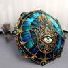 Automatic Folding Umbrella Intricate hamsa design with a central eye motif in  and Golden. Portable collapsible design, casual