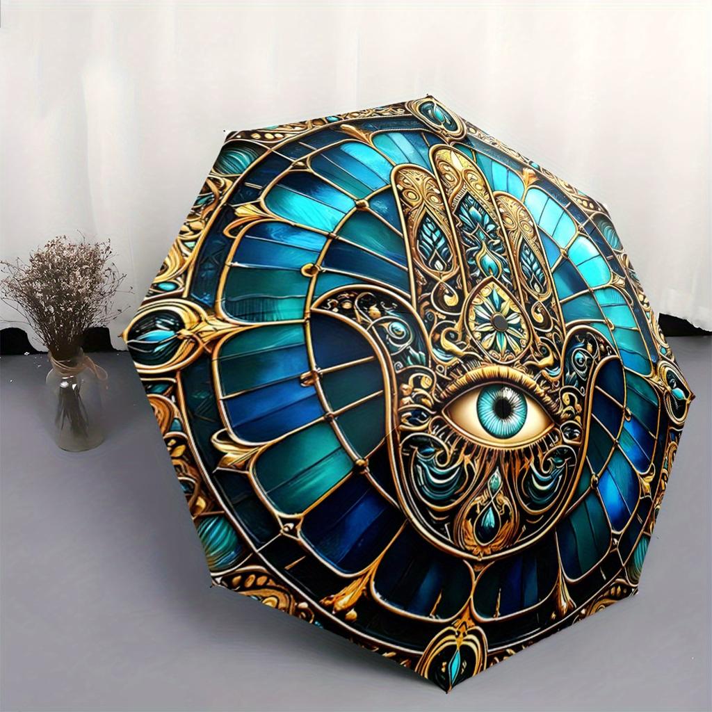 Automatic Folding Umbrella Intricate hamsa design with a central eye motif in  and Golden. Portable collapsible design, casual