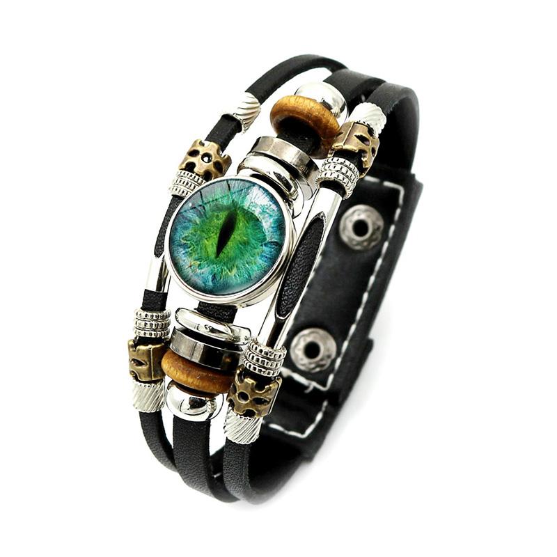 Dragon Eyes Glass Snap Button Bracelet for Men Evil Eye Jewelry Handmade Multilayer Beaded Leather Bracelet Adjustable Wholesale
