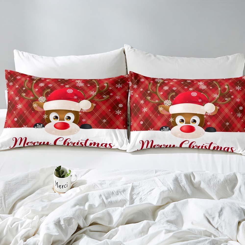 Red Christmas Hat Elk Three-Piece Quilt Cover 3D Digital Printing Bedding Set Bed Cover