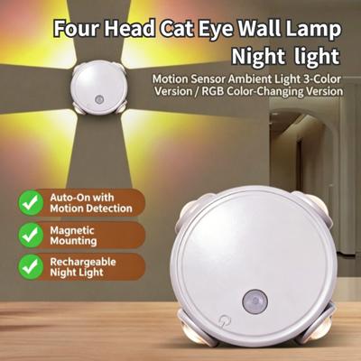 3 Colors/RGB Cat Eye Wall Lamp Motion Sensor Rechargeable 4-Headed Night Light Magnetic Ambient Light for Bedside Closet Bedroom