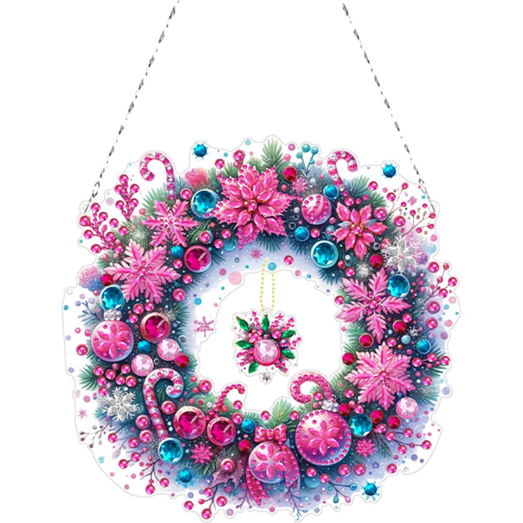 Acrylic Christmas Wreath Diamond Painting Hanging Pendant 5D DIY Diamond Painting Dots Pendant for Garden Window Decor