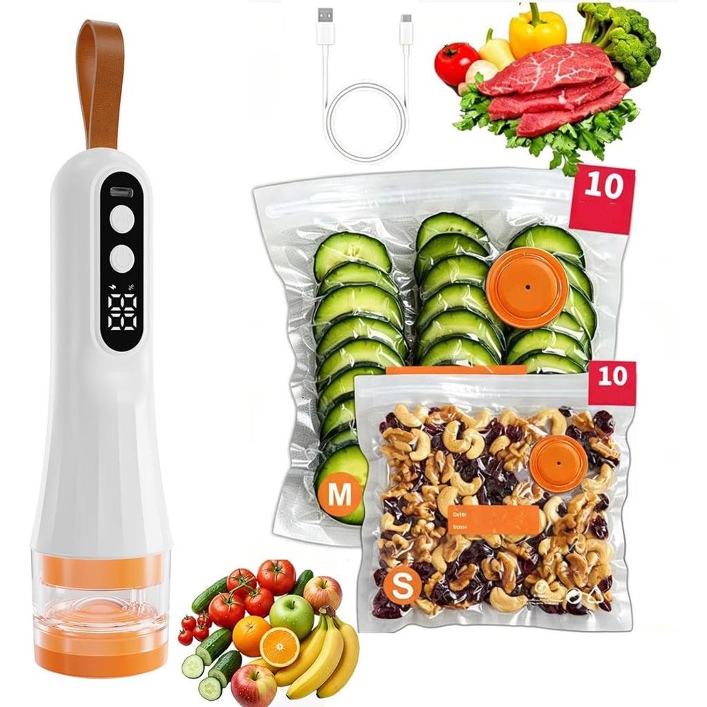 Handheld Vacuum Sealer, Portable USB Rechargeable Vacuum Sealer for Food with Digital Display, 20 Reusable Vacuum Bags (S/M), Strong Suction Mini Food