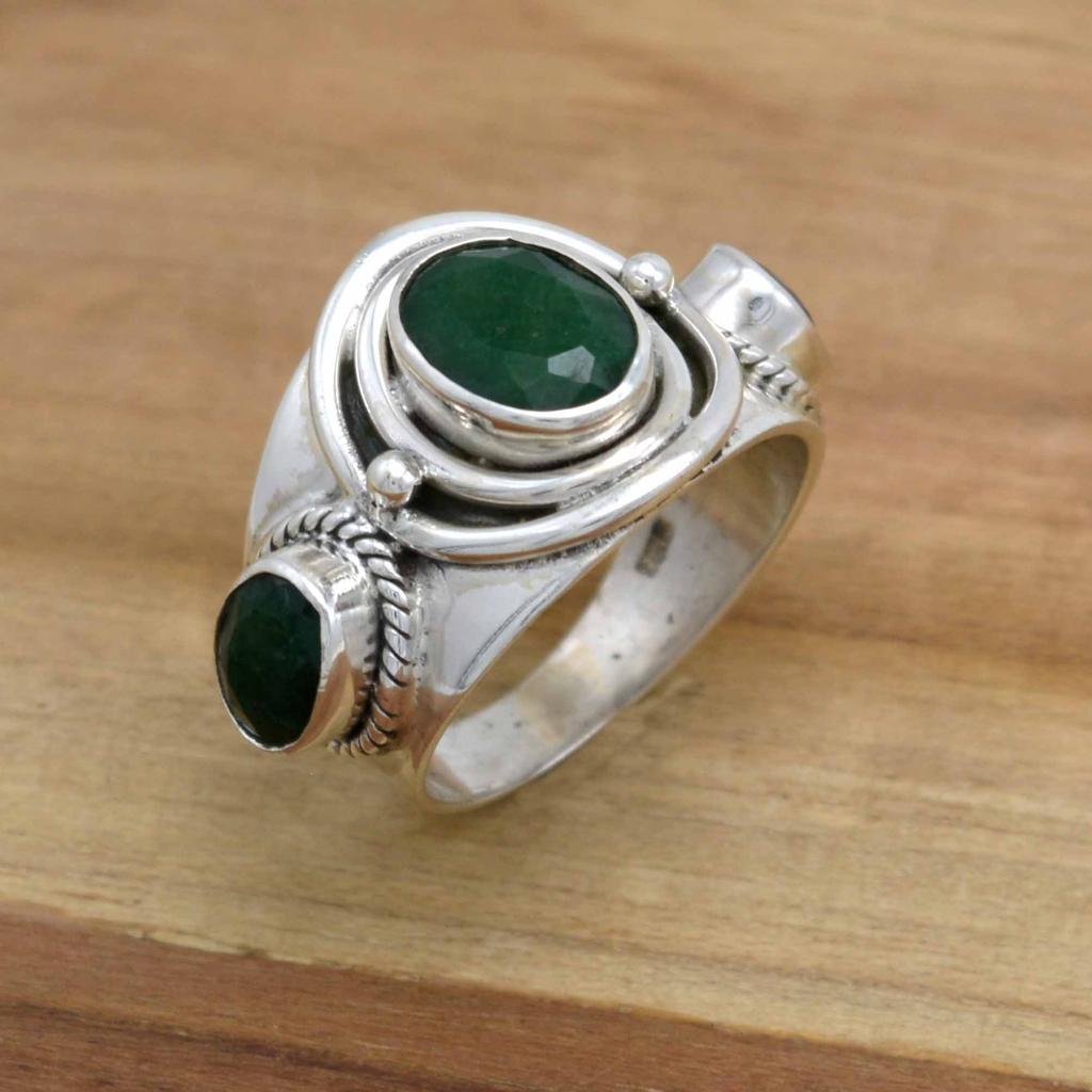 Emerald Gemstone Silver Signet Ring 925 Sterling Silver Artisan Handmade Jewelry, Wedding Gift For Him Her