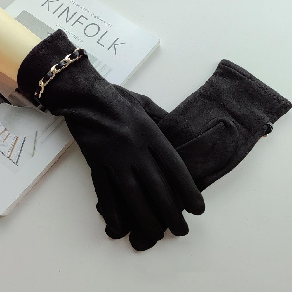 Solid Color Suede Leather Gloves Chain Warm Gloves Fashion Winter Thick Gloves