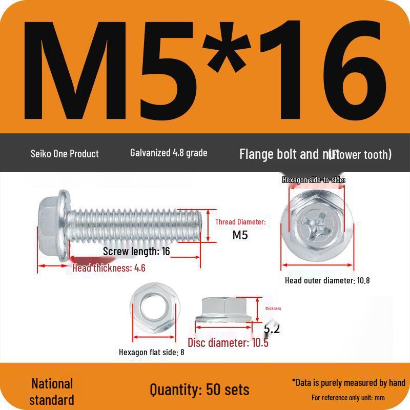 Galvanized Hex Head Bolt & Nut Sets with Washers - Anti-slip (M4/M5/M6/M8, 4.8 Grade)