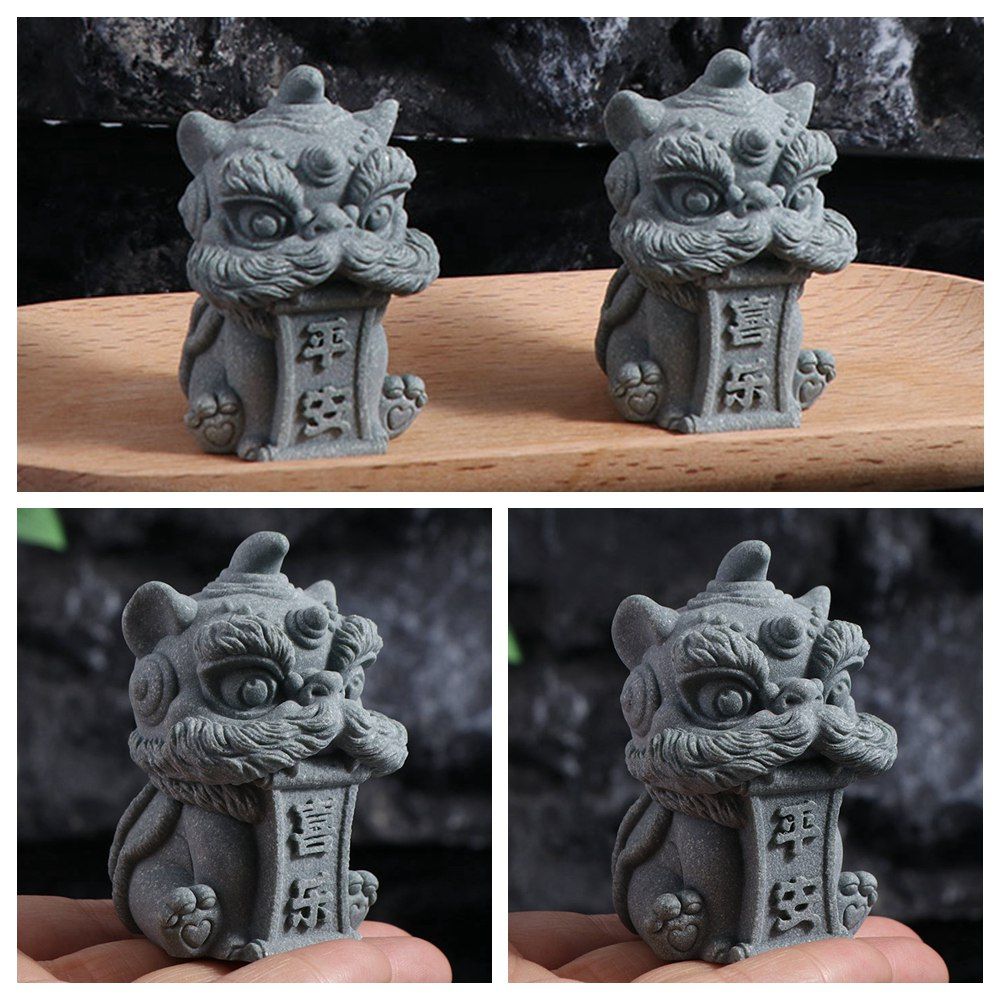 Cute Artwork Awakening Lion Ornament 3D Artificial Stone Chinese Stone Lion Ornament Safe Handmade Lion Mascot Statue Tea Pet