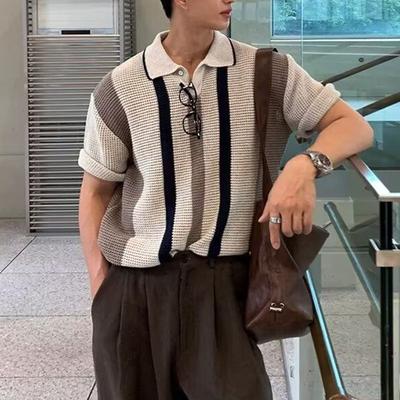 Summer Korean Knitted Short-sleeved Men's Niche Loose Hollow POLO Shirt Striped Top