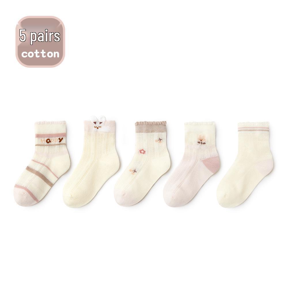 Spring/Summer Cartoon Mesh Pink Baby Socks - Antibacterial, Seamless, Breathable, Thin, Non-Constricting Cotton for Girls