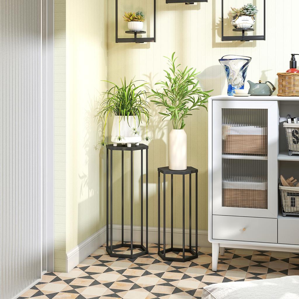 Set of 2 Plant Stands for Indoor and Outdoor Use, Hexagonal Metal Flower Pot Holders for Garden, Patio, Balcony