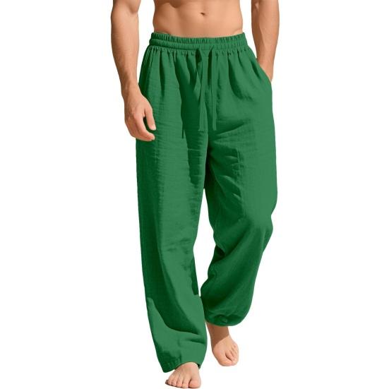 Mens Linen Wide Legs Pants Summer Solid Color Loose Casual Pants Breathable Drawstring Elastic Waist Straight Trousers with Pockets