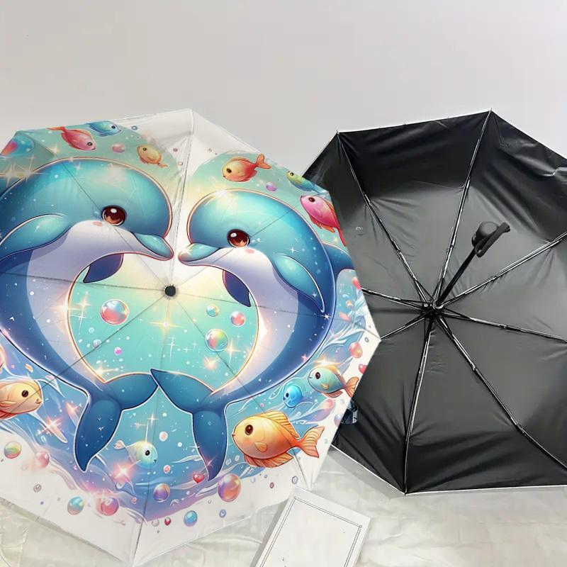1pc Dolphins Heart Automatic Open/Close Umbrella Compact Folding Umbrella with 8-Rib Shaft for Women/Men, Elegant Birthday1269S