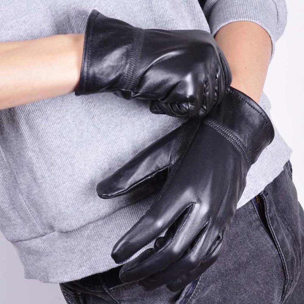 1pair Waterproof Black Thickened Gloves Solid Color Windproof Mittens PU Anti-cold Gloves  Driving