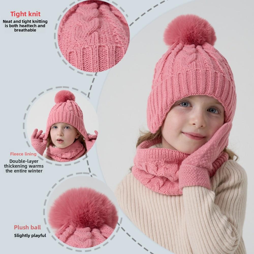 Winter Hat Scarf Gloves Set Kids Warm Pompom Knitted Hats New Toddler Bonnet  Children's Outdoor