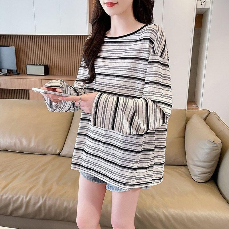 Women's Striped T-shirt Ladies' Contrasting Color Round Neck Long Sleeved Blouse New Korean Style Loose Versatile Top